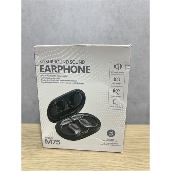 Model M75 3D Bluetooth Surround Sound Earbuds/earphones Brand New OPEN BOX - Picture 1 of 8